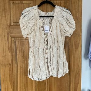 NWT Free People Short Sleeve Lace and Mesh Buttondown Puff Sleeve Cream size S
